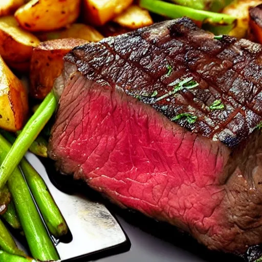 Image similar to a delicious perfectly cooked mouth-watering steak with a steaming-hot baked-potato