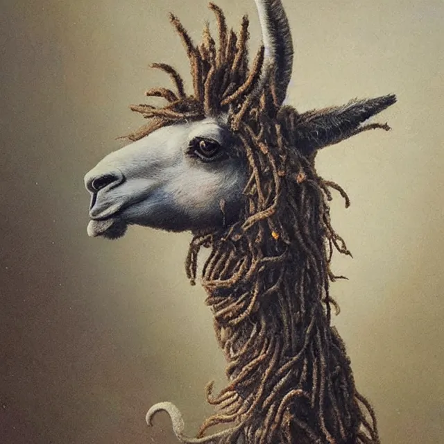 Image similar to llama with dreadlocks, by greg rutkowski, ernst haeckel, james jean