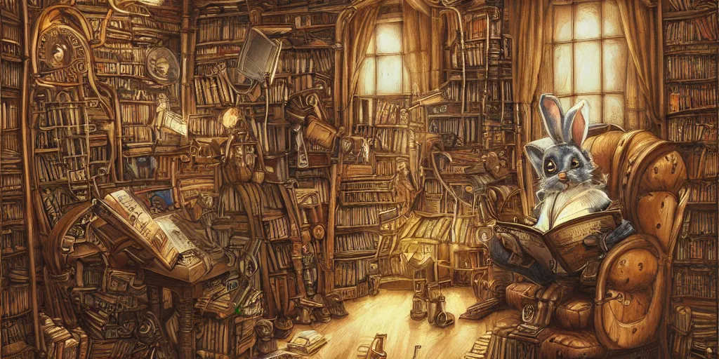 Prompt: steampunk rabbit in a library by justin gerard