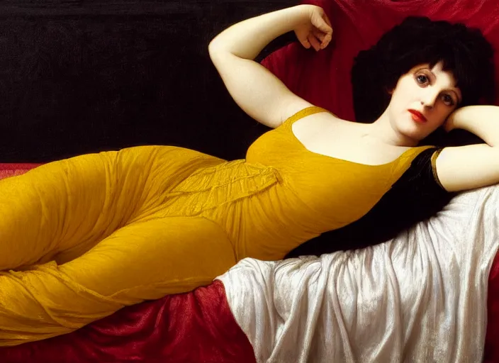 Image similar to portrait of liza minelli as a medieval lady reclining on bed, wearing yellow ochre, preraphaelite colour photography by frederic leighton, 8 k