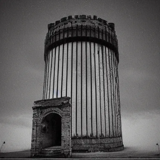 Image similar to liminal space, empty, dark, a tower in a tempest, meditation on death