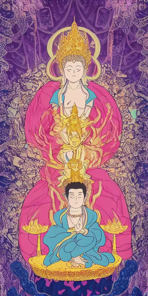 Image similar to buddha sitting on a throne of ice surrounded by lotus flowers drawn by studio trigger, in the style of Little Witch Academia, spiritual enlightenment, tarot card, Tarot card the Hierophant,