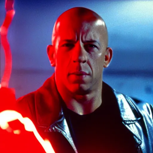 Prompt: Film still of vin diesel as The Terminator in The Terminator (1984 movie) with a menacing red glow in his sunglasses, half exoskeleton exposed face, 4k, photorealistic, a bit blurry, film grain