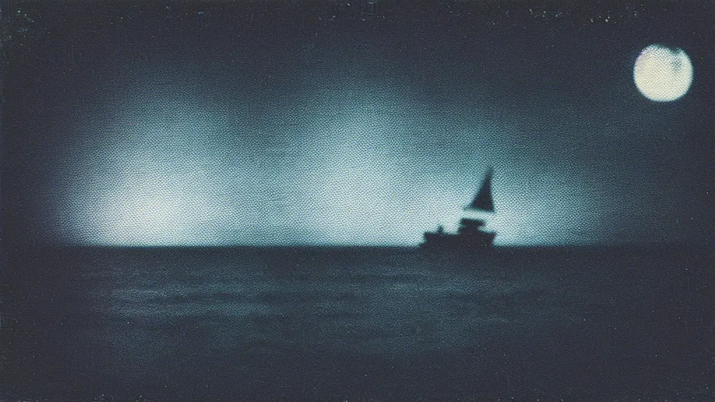 Image similar to haunted VHS glitch polaroid of a distant ferry sailing through deep blackness. strange perspective, depths, Ethereal lighting. Nighttime setting with the moon reflecting off the water