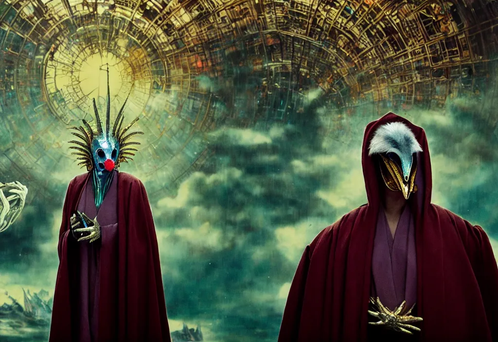 Prompt: realistic detailed portrait movie still of a birdman wearing dark robes, sci fi city landscape background by denis villeneuve, amano, yves tanguy, alphonse mucha, ernst haeckel, max ernst, ridley scott, roger dean, masterpiece, rich moody colours, cinematic, snarling dog teeth