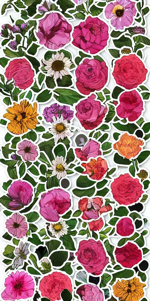 Image similar to flowers, unused sticker sheet, display grid, 2 0 px gap