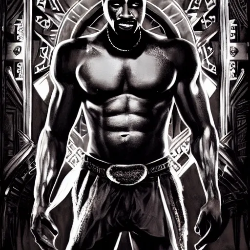 Image similar to 2 pac as black panther, tattoos, full length wide shot. aspect ratio 9 : 1 6. digital painting, extremely detailed, 4 k, intricate, brush strokes, mark arian, artgerm, bastien lecouffe - deharme