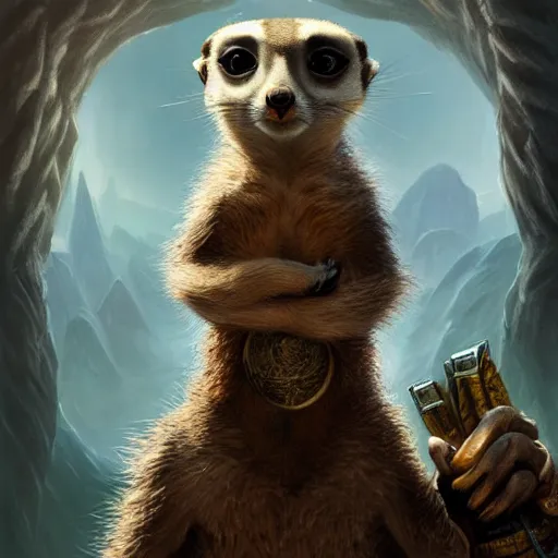 Image similar to Meercat, Anthropomorphized, casting epic spell, magic the gathering artwork, D&D, fantasy, cinematic lighting, centered, symmetrical, highly detailed, digital painting, artstation, concept art, smooth, sharp focus, illustration, volumetric lighting, epic Composition, 8k, art by Akihiko Yoshida and Greg Rutkowski and Craig Mullins, heroic pose, oil painting, cgsociety, magic lab background