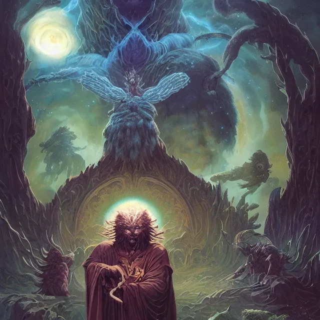 Image similar to a circle of druids conjuring the cosmos into existence by greg rutkowski and frank frazetta and peter mohrbacher and william blake and dan mumford