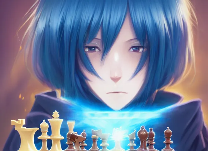 Image similar to rimuru playing chess, with amber eyes of golden colored eyes, straight hair, sky blue hair, long bangs, high collar, concept art, award winning photography, digital painting, cinematic, by wlop, anime key visual, wlop, 8 k, by ross tran, tom bagshaw, andy warhol