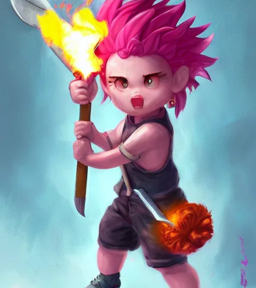 Prompt: ' tomba!'with pink hair, holding a hammer of fire by ross tran, artgerm and wlop