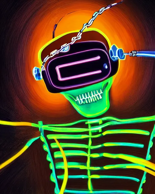 Image similar to xsullo digital painting of cyberpunk skeleton tethered to a bunch of wires and cords and chains wearing a vr headset neon glowing painting