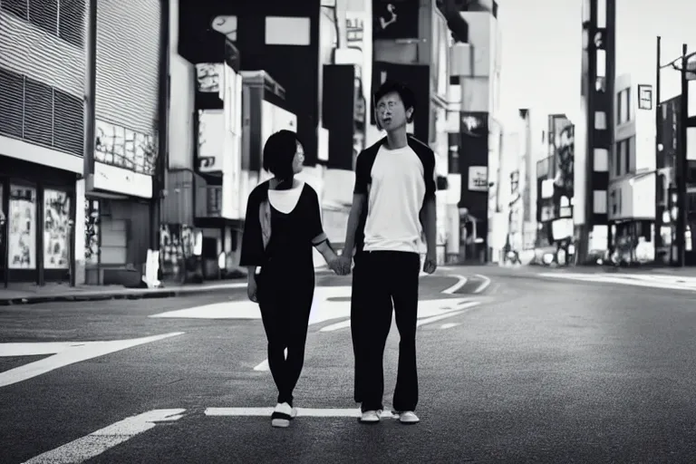 Image similar to still photo of two japanese couple holding hands on the street, black and white color aesthetic, highly detailed, photorealistic portrait, bright studio setting, studio lighting, crisp quality and light reflections, unreal engine 5 quality render