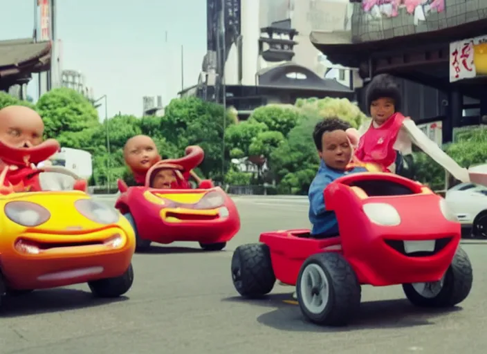 Image similar to peter dinklage racing gary coleman driving a little tikes cars in japan, movie still, from the new fast and furious movie, 8 k, realistic