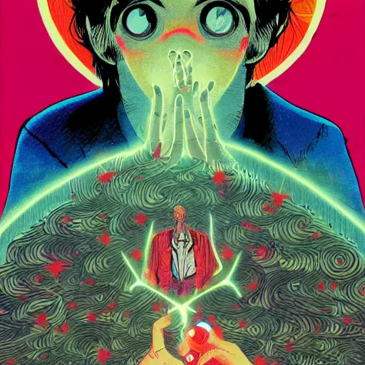Image similar to a powerful psychic guy emitting psychic powers, by hikari shimoda, by jamie hewlett, by moebius,