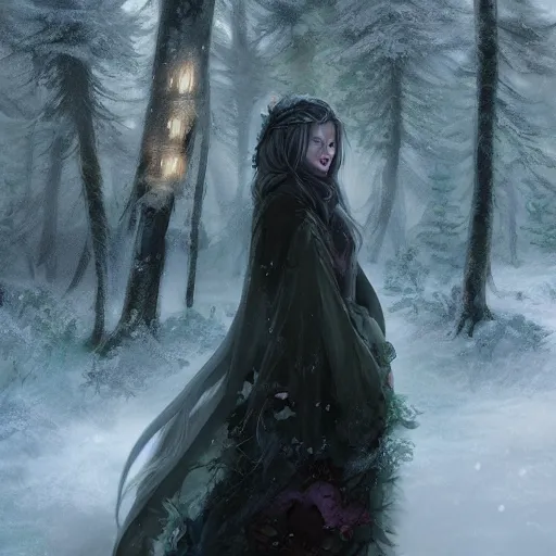 Prompt: Close up of a gorgeous druid woman in a snowy forest landscape, fantasy, Ross Tran, Charlie Bowater, Greg Rutkowski, volumetric lighting