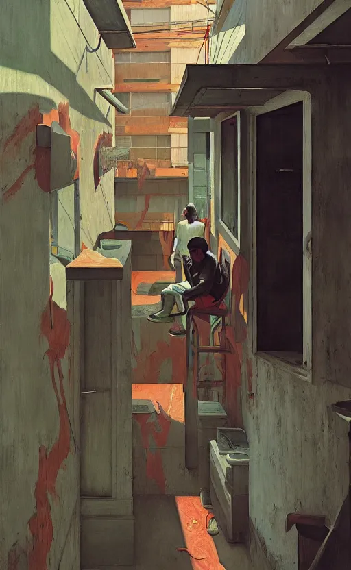 Prompt: Inside a Favela, very coherent, painted by Edward Hopper, Wayne Barlowe, painted by James Gilleard, airbrush, art by JamesJean