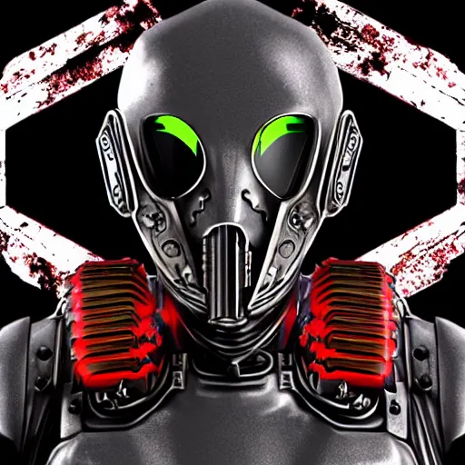 Image similar to a award winning action upper body portrait of nuke zombie with a breathing mask while wearing futuristic bodyarmor and pauldrons, outrun, vaporware, highly detailed, fine detail, intricate