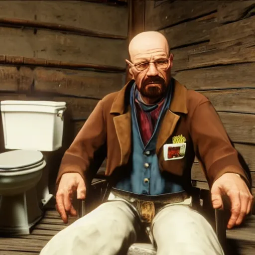 Prompt: walter white sitting on a toilet behind a table with chemicals in red dead redemption 2