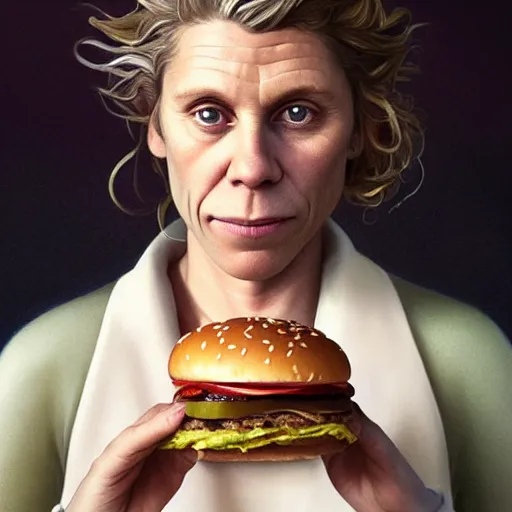 Prompt: portrait of frances mcdormand eating hamburgers, extra onions and ketchup, luscious patty with sesame seeds, feminine ethereal, handsome, d & d, fantasy, intricate, elegant, highly detailed, digital painting, artstation, concept art, matte, sharp focus, illustration, art by artgerm and greg rutkowski and alphonse mucha