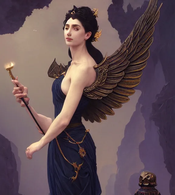 Image similar to god of death, young man, in the underworld, elegant dark blue dress, very detailed, throne, very intricate details, jewelry, gold tattoos, elaborate long black hairstyle, wings, cinematic, artstation, william bouguereau, alphonse mucha, greg rutkowski, rossdraws, octane render