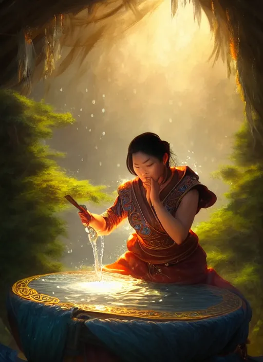 Image similar to full portrait of asian mage merchant doing water magic at her tent. intricate, elegant, highly detailed, digital painting, artstation, concept art, sharp focus, illustration, by justin gerard and artgerm, 8 k