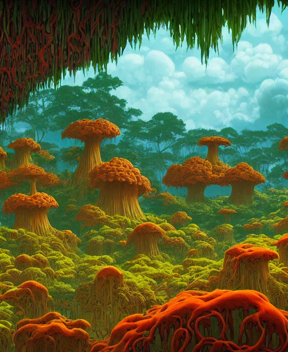 Image similar to simplicity, an simple structure made out of exotic fungus, overgrown with lush floral jungle, partly cloudy, hellscape, hell, fire, brimstone, lava, by dan mumford, yusuke murata, makoto shinkai, ross tran, cinematic, unreal engine, cel shaded, featured on artstation, pixiv