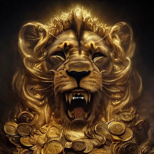 Image similar to a beautiful detailed 3 d matte portrait of a lion made out of dark smoke, by ellen jewett, by tomasz alen kopera, by justin gerard, ominous, magical realism, texture, intricate, skull, skeleton, gold coins, money, whirling smoke, radiant colors, fantasy, volumetric lighting, high details