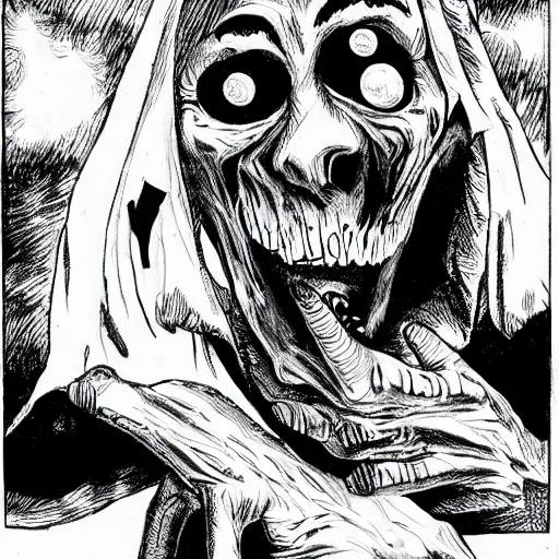 Image similar to a Pop Wonder scary horror themed goofy-hilarious-ghost-of-taco-man, dime-store-comic drawn with charcoal and pen and ink, half-tone-line-stacking