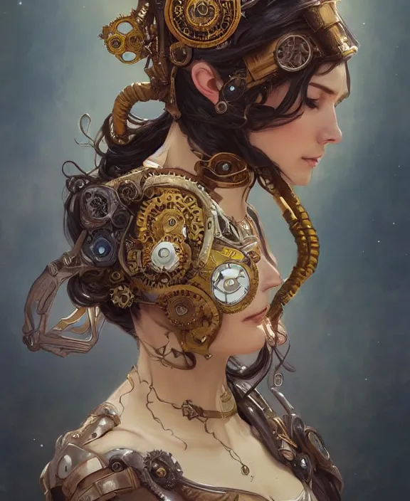 Prompt: portrait of a steampunk beautiful goddess, wearing helmet, half body, d & d, fantasy, intricate, elegant, highly detailed, digital painting, artstation, concept art, art by artgerm and greg rutkowski and alphonse mucha