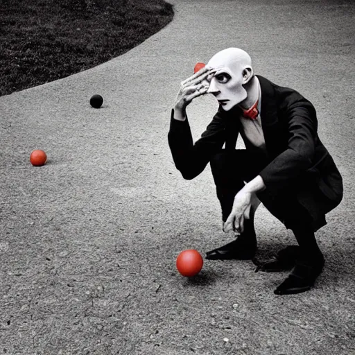 Prompt: portrait of nosferatu playing petanque, realistic photography