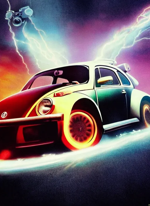 Image similar to back to the future with a volkswagen beetle, movie poster, epic lighting, eighties, sci - fi, artistic