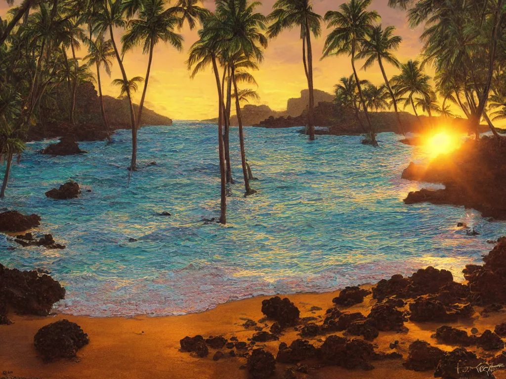 Image similar to Poipu Kauai, Hidden lava rock beach lagoon, Sunlight Study, by Asher Brown Durand and (((((Hans Zatzka))))) and ((((((((Lisa Frank)))))))), Art Nouveau, 8k, concept art, smooth, sharp focus