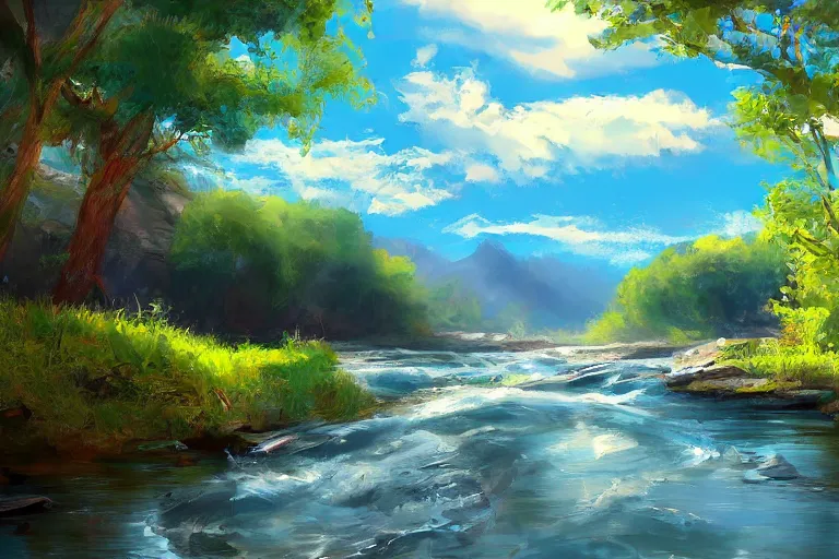 Prompt: summer river by anndr pazyniuk artstation