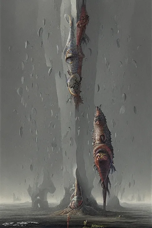 Prompt: a painting of two fish people standing next to each other, a surrealist painting by jarosław jasnikowski, cgsociety, retrofuturism, lovecraftian, cosmic horror, dystopian art