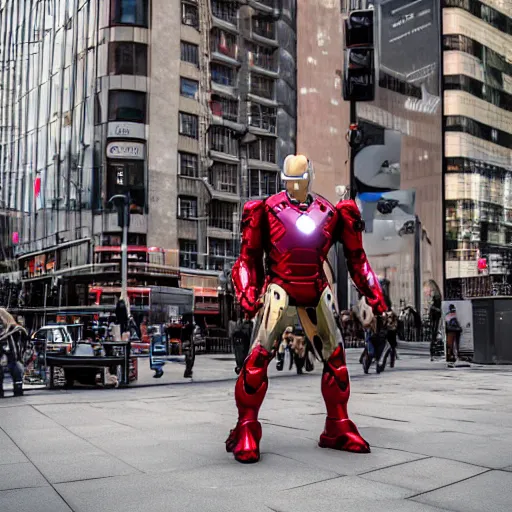 Image similar to ironman spotted in the city, tmz, sony a 7 r iv, symmetric balance, polarizing filter, photolab, lightroom, 4 k, dolby vision, photography award