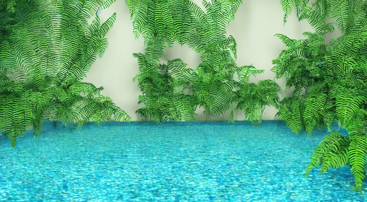 Prompt: 3d render of indoor pool with ferns and palm trees, pool tubes, chromatic abberation, depth of field, 80s photo,