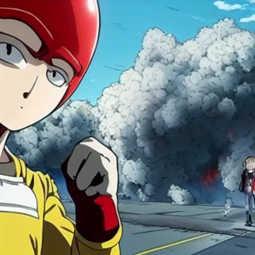 Prompt: a photo of a house burning down in the background and one punch man with an eerie expression in the foreground, strong depth of field