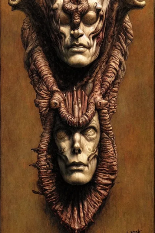 Image similar to funeral mask by wayne barlowe, gustav moreau, goward,  Gaston Bussiere and roberto ferri, santiago caruso, and austin osman spare, ((((occult art))))