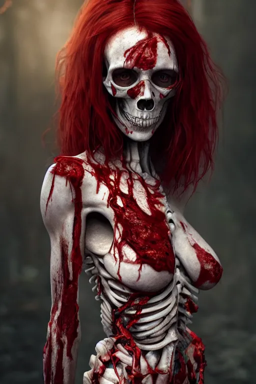 Image similar to woman skeleton covered with blood, long red hair, ultra realistic, concept art, intricate details, highly detailed, photorealistic, octane render, 8 k, unreal engine. retro film still, heavy grain, 3 5 mm, art by artgerm and greg rutkowski and alphonse mucha