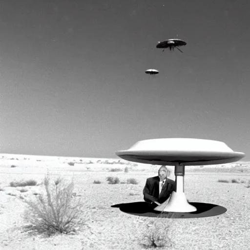 Image similar to president eisenhower aboarding a ufo in the desert as high ranked government officials are watching, black and white old photo