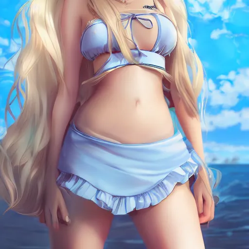 Prompt: a very beautiful young anime girl, full body, long wavy blond hair, sky blue eyes, full round face, bikini, miniskirt, front view, mid - shot, highly detailed, digital art by wlop, trending on artstation