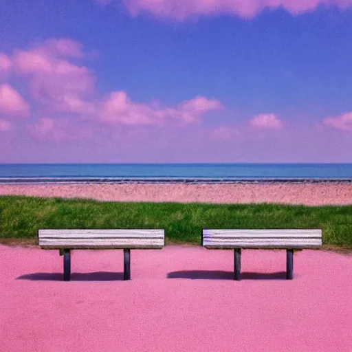 Prompt: a ultra high definition pastel coloured photograph from a holiday photo album. 5 0 mm, depicting public viewpoints and benches from areas of natural beauty in an alien world, pale pink grass, pale pink sky, everything is pale pastel coloured. no artefacts. highly detailed.