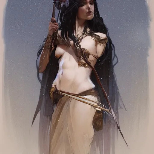 Image similar to a tall woman with dark hair with a crown on her head and a spear in her hand , highly detailed, digital painting, Artstation, concept art, smooth, sharp focus, illustration, art by Greg Rutkowski, Alphonse Mucha