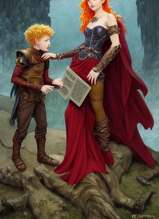 Image similar to an epic fantasy comic book style painting of a young red headed girl with a book in one arm meeting a young boy thief with blonde wearing plain brown leather thief clothes, d & d, fantasy, intricate, elegant, highly detailed, digital painting, artstation, concept art, matte, sharp focus, illustration, art by artgerm and greg rutkowski and alphonse mucha