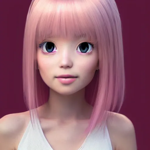 Image similar to A portrait of Nikki from Shining Nikki and Love Nikki, a cute 3d cgi toon young woman with long light pink hair, full bangs, hazel eyes, full round face, light makeup, pale skin, Chinese heritage, in the center midground, medium shot, mid-shot, hyperdetailed, 8k, trending on artstation, as a Pixar character