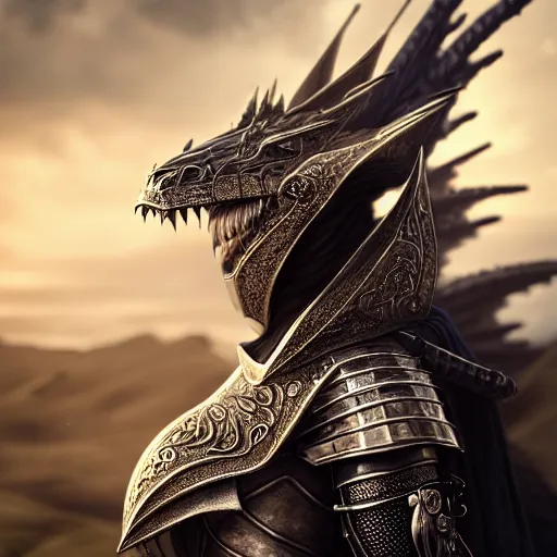 Image similar to highly detailed realistic stunning shot of a beautiful female anthropomorphic dragon knight, resting a detailed and engraved longsword over her armored shoulder, cloak flittering in the wind, high quality, HD octane render, epic cinematography, Artstation, Deviantart, Furaffinity