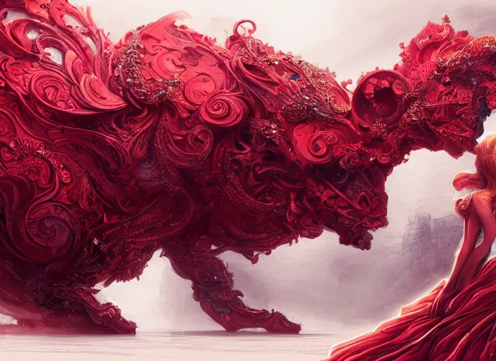 Image similar to woman in love sit upon a scarlet coloured beast, pain, royal dress, light effect, hyper detailed, intricate, atmospheric, elegant, highly detailed, digital painting, artstation, concept art, matte, sharp focus, illustration, by james jean, andrei riabovitchev, marc simonetti, yoshitaka amano