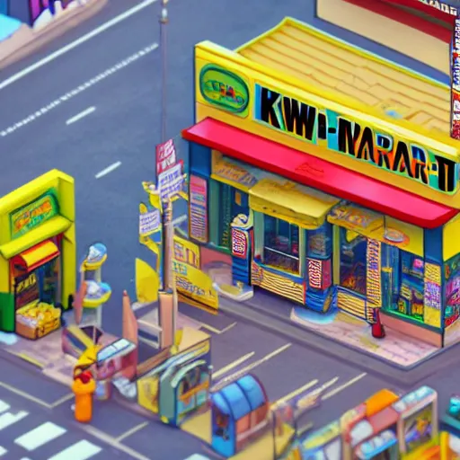 Prompt: diorama of Kwik-E-Mart, isometric 3D, tilt-shift photography