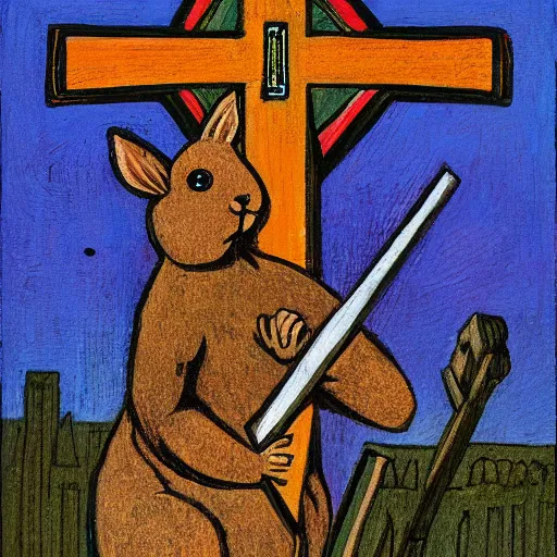 Image similar to a rabbit holding a cross, in front of an old wooden russian church, in the style of ilya repin